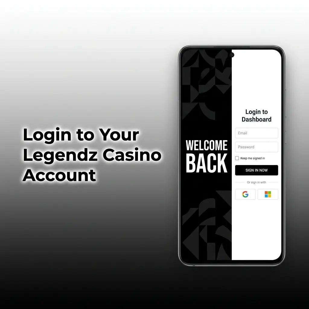 Legendz Casino login page with sign-in form, showing email and password fields on desktop and mobile app
